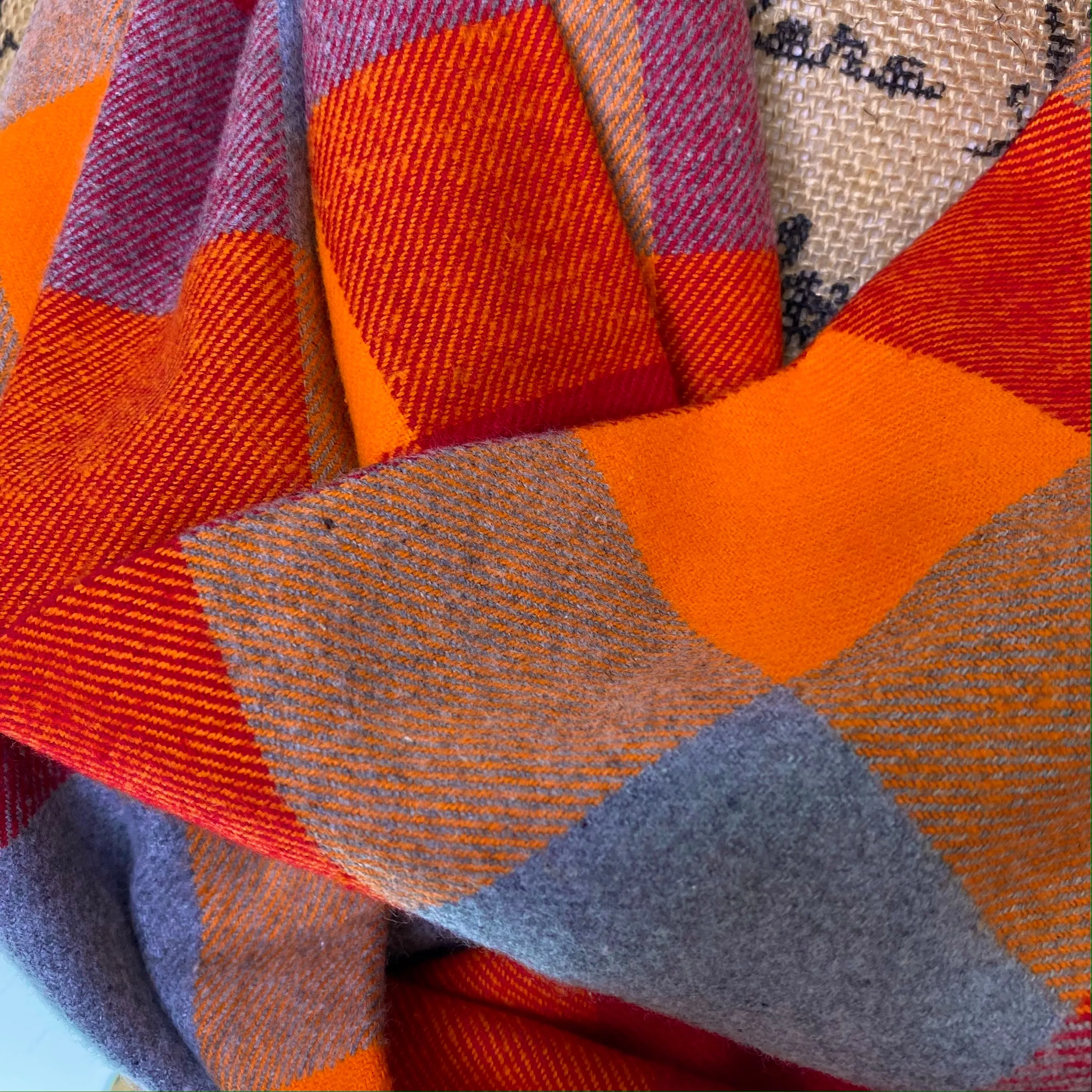 Vibrant Orange, Cherry Red, and Grey Large Block Plaid Infinity and Blanket Scarves