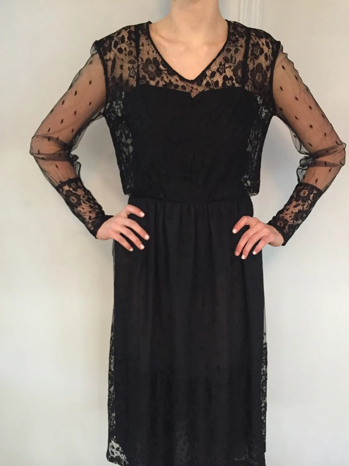 Vintage 1980's French Black Lace Cocktail Dress