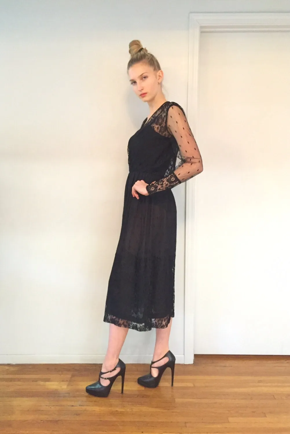 Vintage 1980's French Black Lace Cocktail Dress