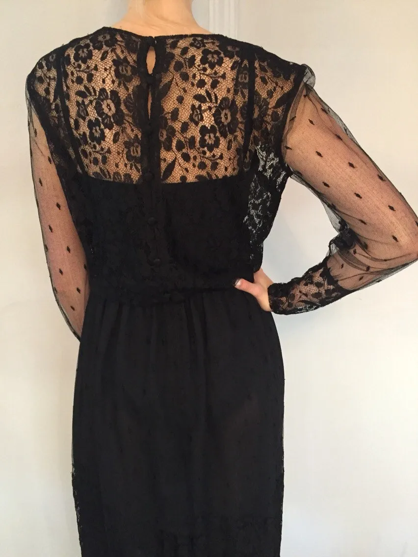 Vintage 1980's French Black Lace Cocktail Dress