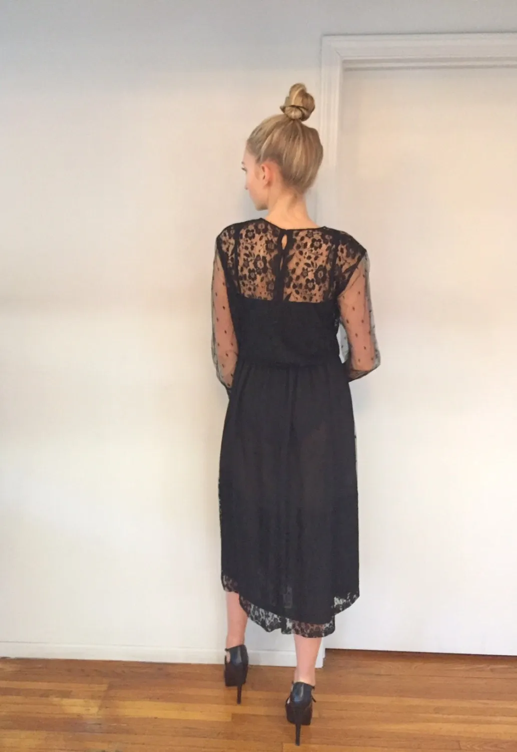 Vintage 1980's French Black Lace Cocktail Dress