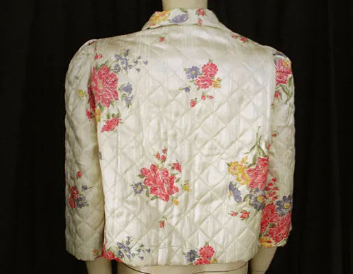 *VINTAGE '40s LUXURIOUS FLORAL RAYON SATIN QUILTED BED JACKET