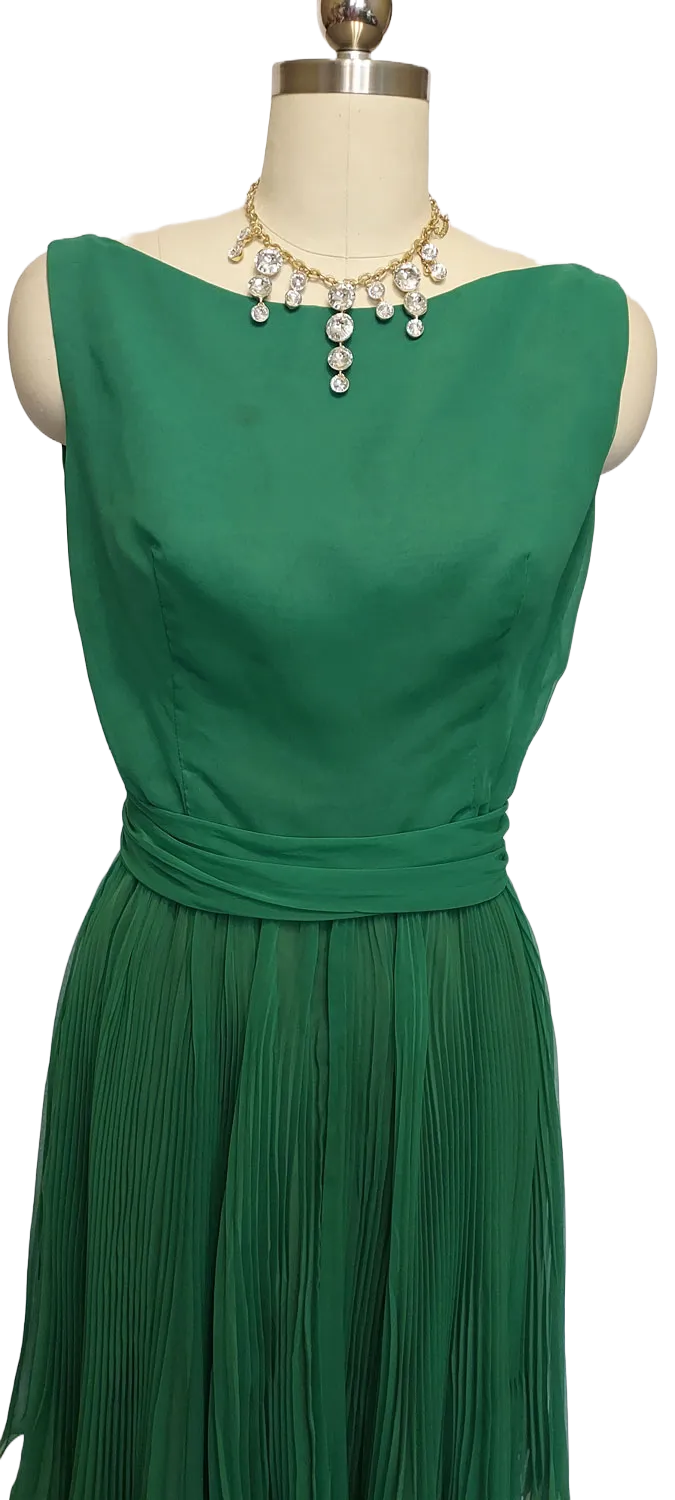 *VINTAGE '50s /  '60s PLEATED PARTY DRESS WITH CUMMERBUND IN EMERALD GREEN