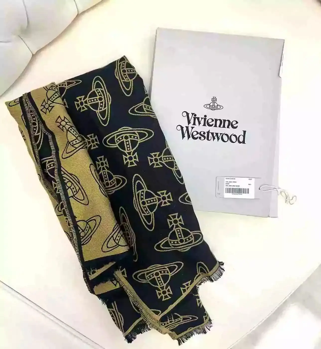 Vivienne Westwood Orb Motif Black Khaki Wool Blend Scarf