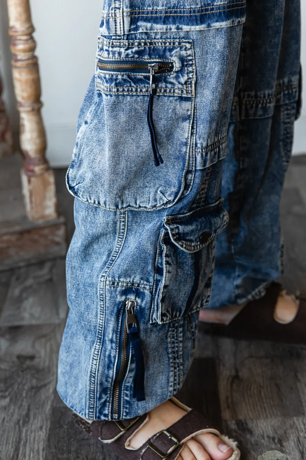 Washed Denim Cargo Jeans