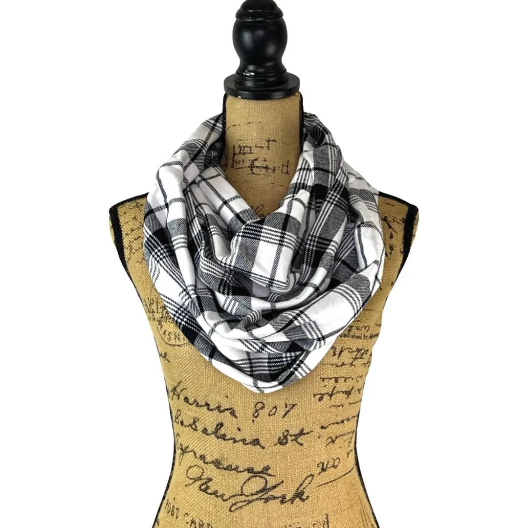 White and Black Plaid Flannel Infinity or Blanket Scarf