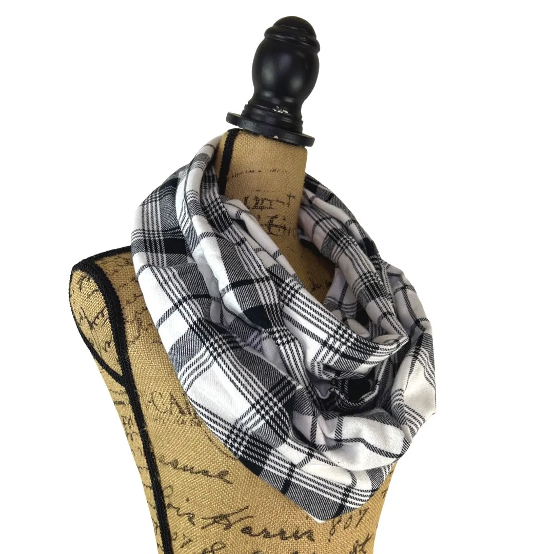 White and Black Plaid Flannel Infinity or Blanket Scarf