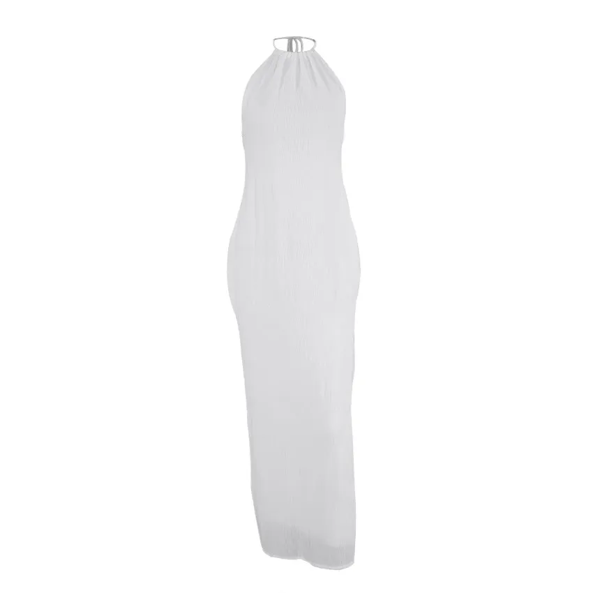 White Halter Neck Chiffon Tank Slip Slit Long Casual Dress