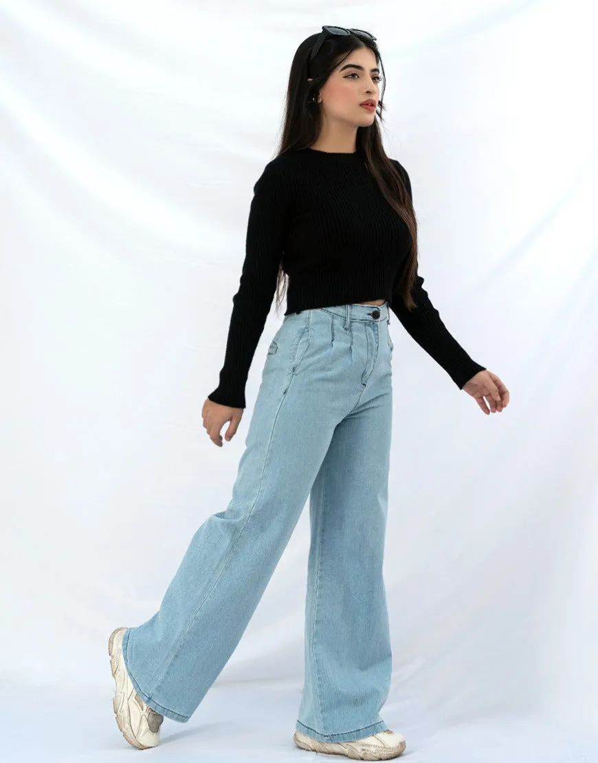 Wide Leg Pleated Jeans Light Wash