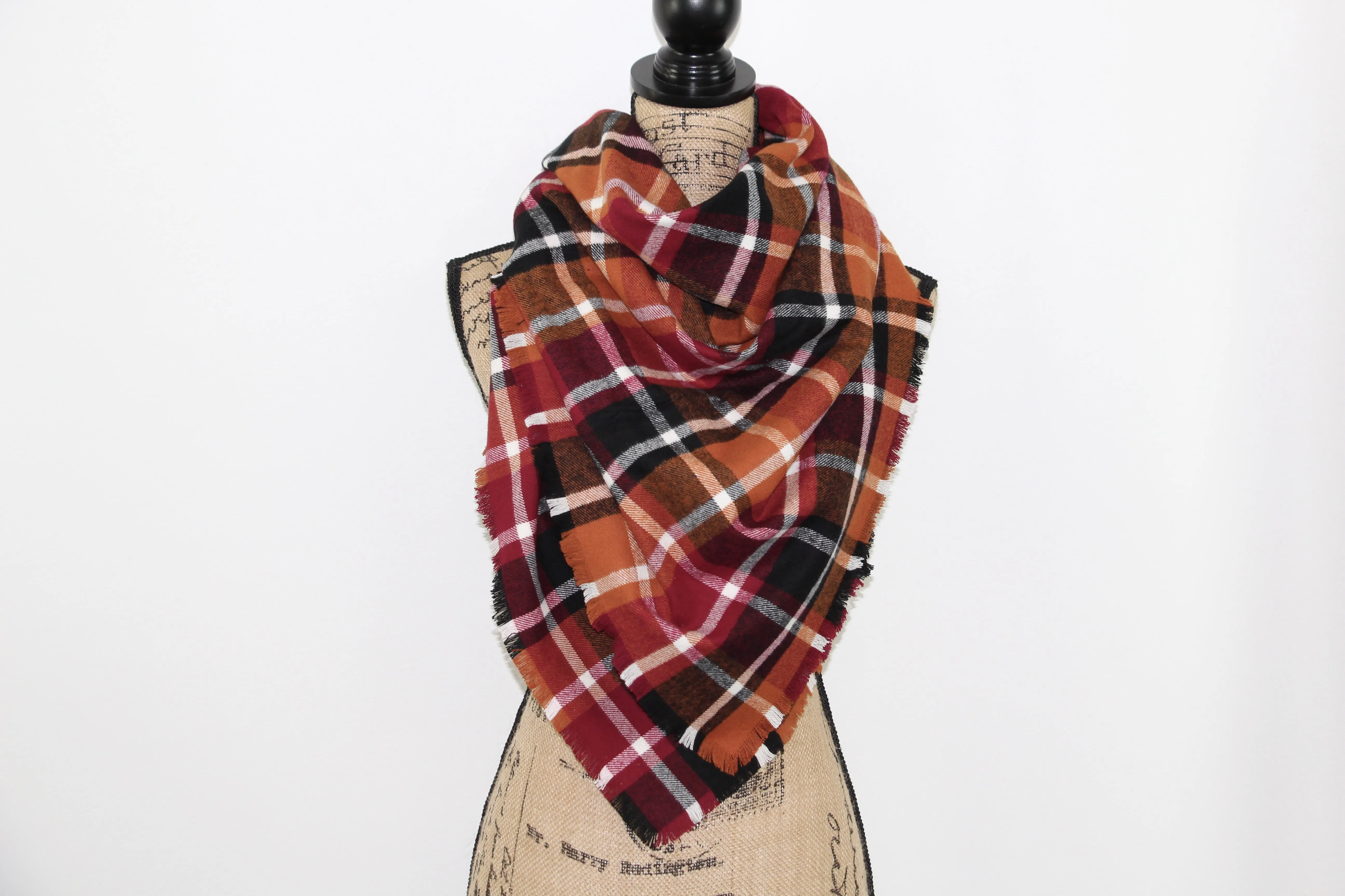 Wine Red, Pumpkin Orange, Black and White Flannel Plaid Infinity or Blanket Scarf Autumn Wrap