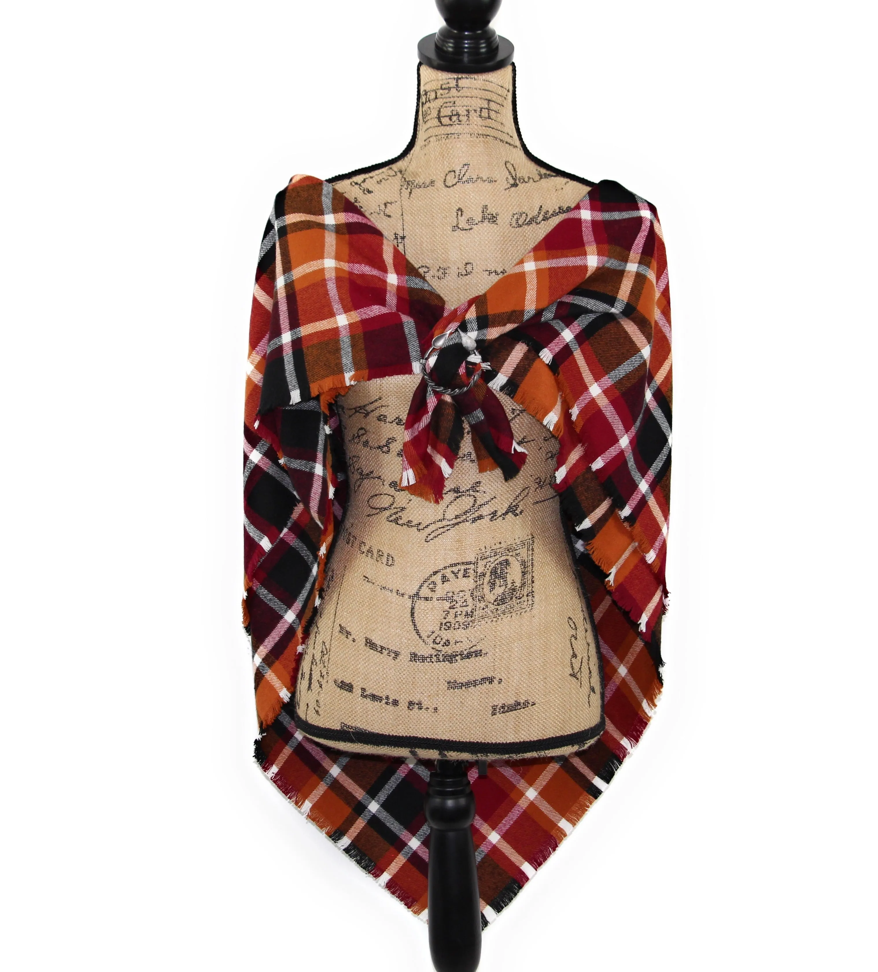 Wine Red, Pumpkin Orange, Black and White Flannel Plaid Infinity or Blanket Scarf Autumn Wrap