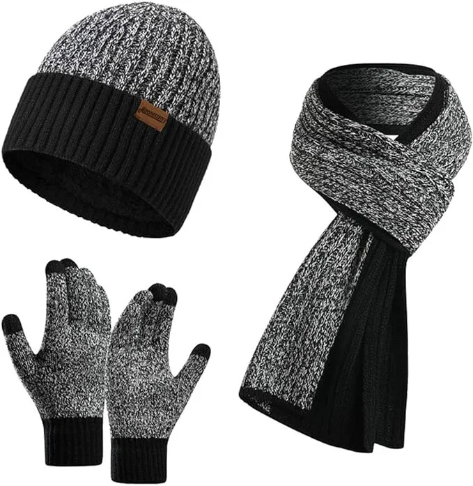 Winter Soft Beige/Brown Thermal Knit Beanie Hat, Gloves & Scarf Set