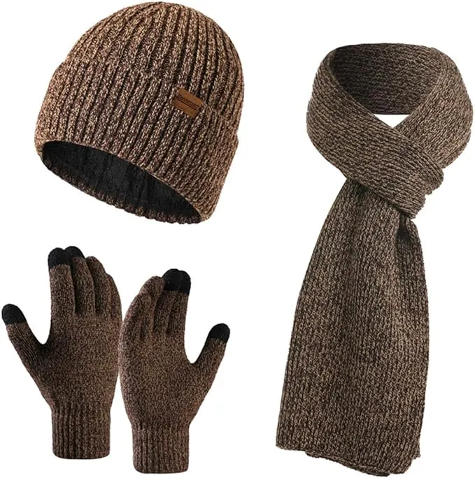 Winter Soft Beige/Brown Thermal Knit Beanie Hat, Gloves & Scarf Set