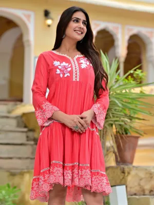 Women Anarkali Pink Woven Design Midi Dress