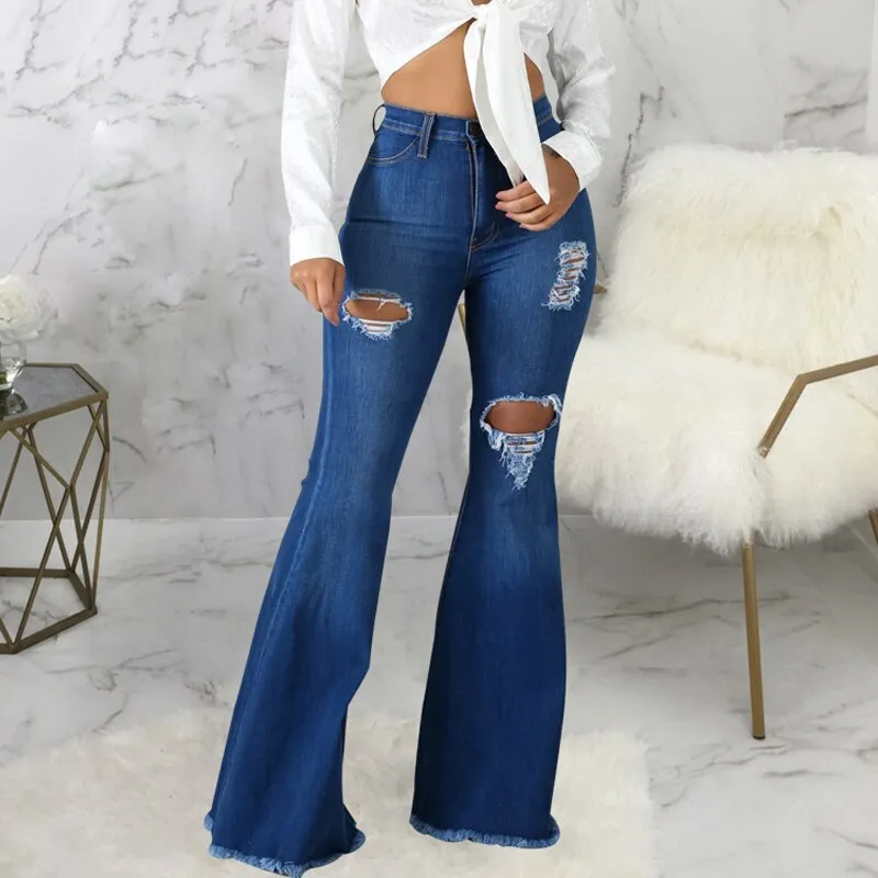 Women Ripped Flared Jeans For Women High Waist Slim Streetwear Denim Trousers Flared Pants Lady Blue Casual Denim Boot Cut Pants