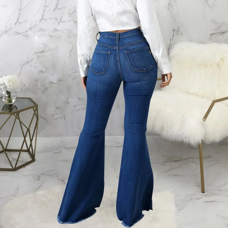 Women Ripped Flared Jeans For Women High Waist Slim Streetwear Denim Trousers Flared Pants Lady Blue Casual Denim Boot Cut Pants