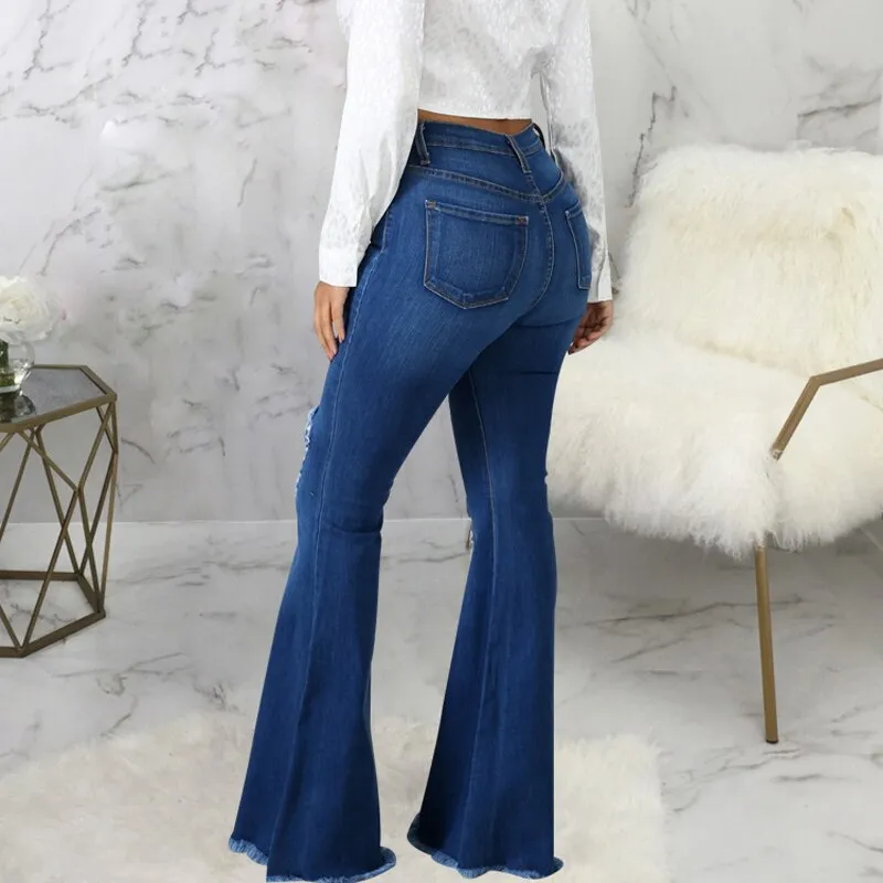 Women Ripped Flared Jeans For Women High Waist Slim Streetwear Denim Trousers Flared Pants Lady Blue Casual Denim Boot Cut Pants