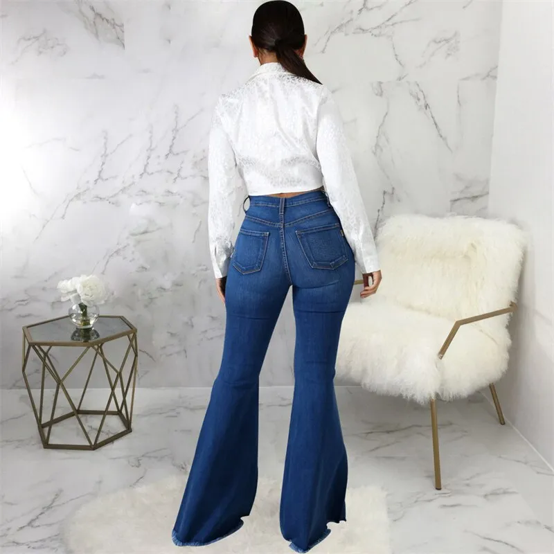 Women Ripped Flared Jeans For Women High Waist Slim Streetwear Denim Trousers Flared Pants Lady Blue Casual Denim Boot Cut Pants