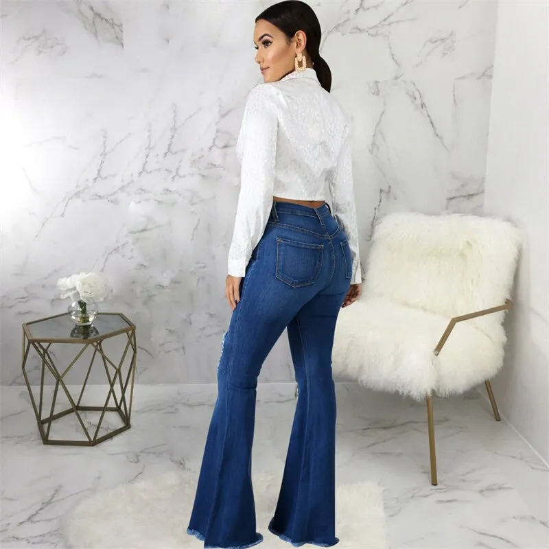 Women Ripped Flared Jeans For Women High Waist Slim Streetwear Denim Trousers Flared Pants Lady Blue Casual Denim Boot Cut Pants