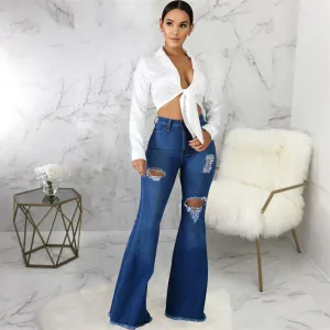 Women Ripped Flared Jeans For Women High Waist Slim Streetwear Denim Trousers Flared Pants Lady Blue Casual Denim Boot Cut Pants