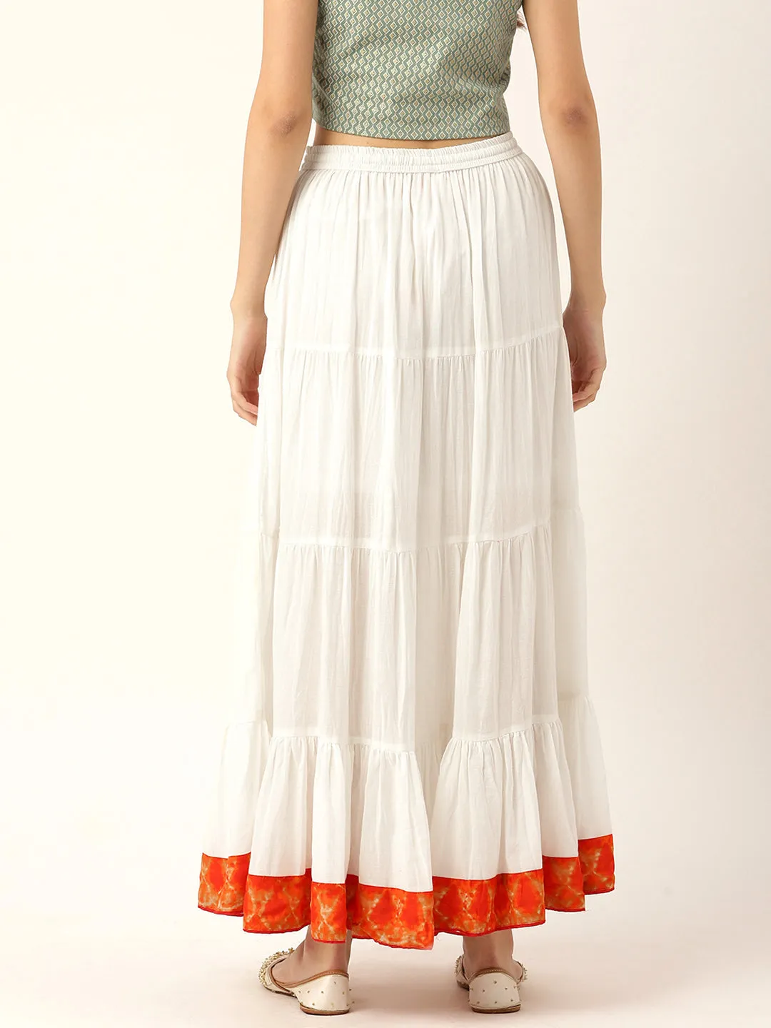 Women White Solid Tiered Cotton Maxi Skirt