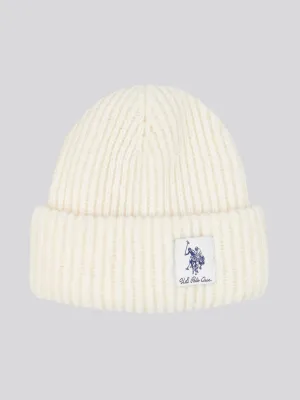 Womens Double Horsemen Woven Patch Beanie in Marshmallow