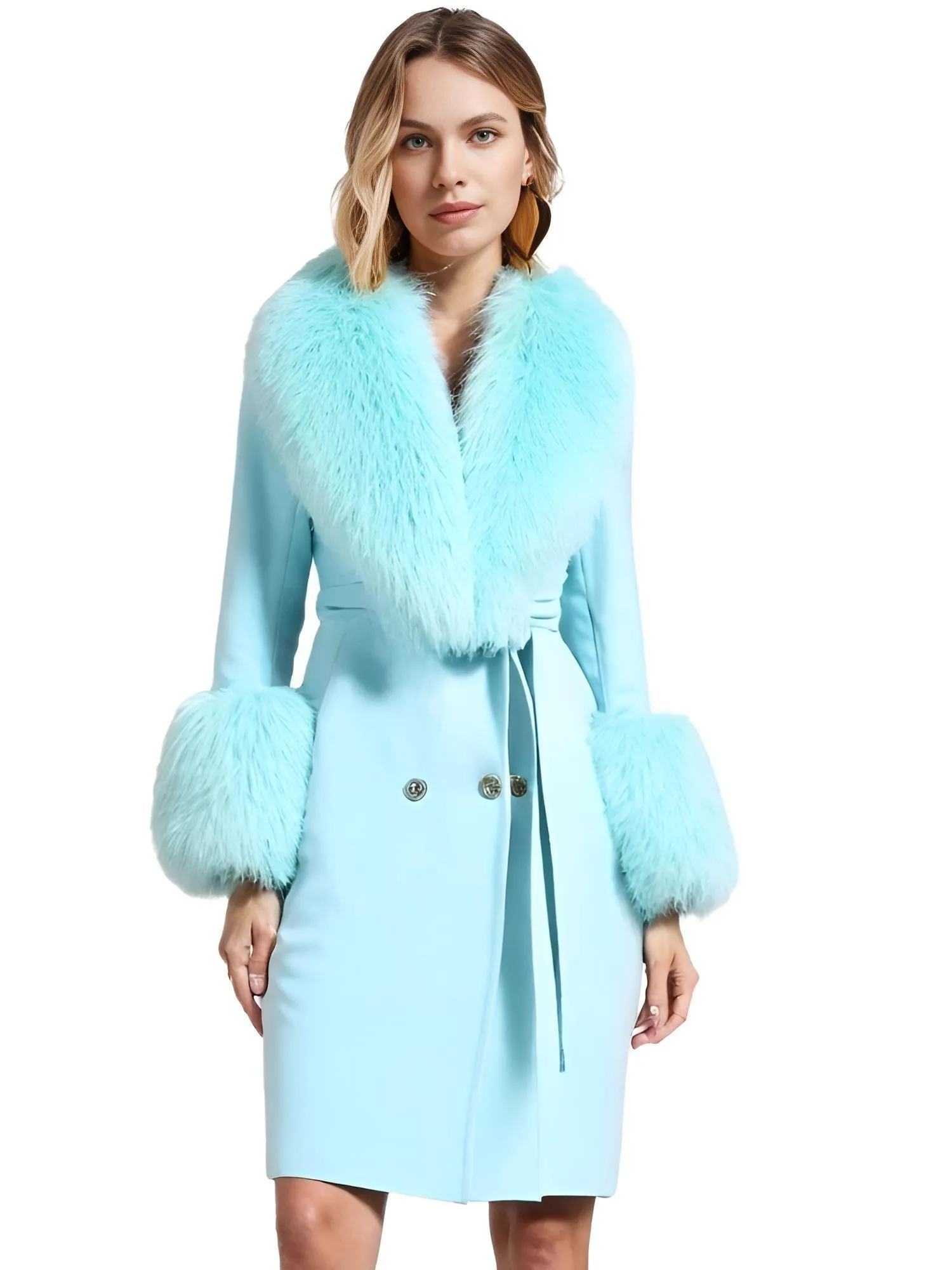 Women's Wool Cashmere Coat With Real Mongolian Sheep Fur Collar and Cuffs Ladies Double Faced Coats Belted Winter Fall Long Coat