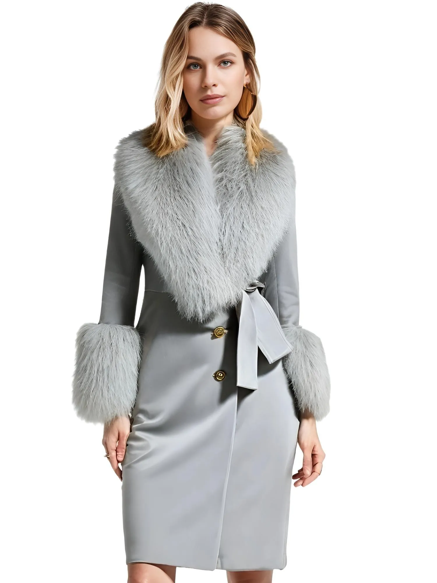 Women's Wool Cashmere Coat With Real Mongolian Sheep Fur Collar and Cuffs Ladies Double Faced Coats Belted Winter Fall Long Coat