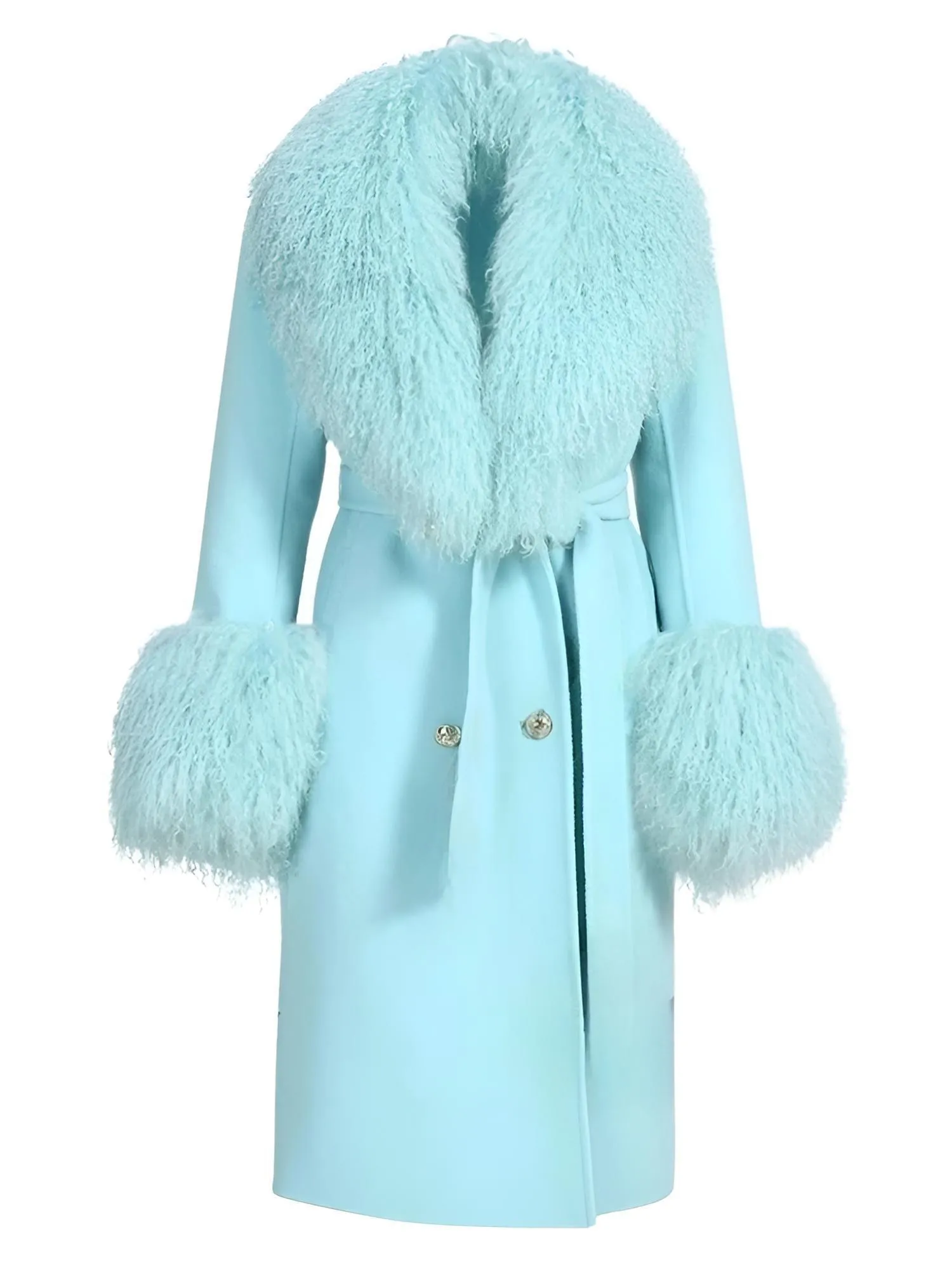 Women's Wool Cashmere Coat With Real Mongolian Sheep Fur Collar and Cuffs Ladies Double Faced Coats Belted Winter Fall Long Coat