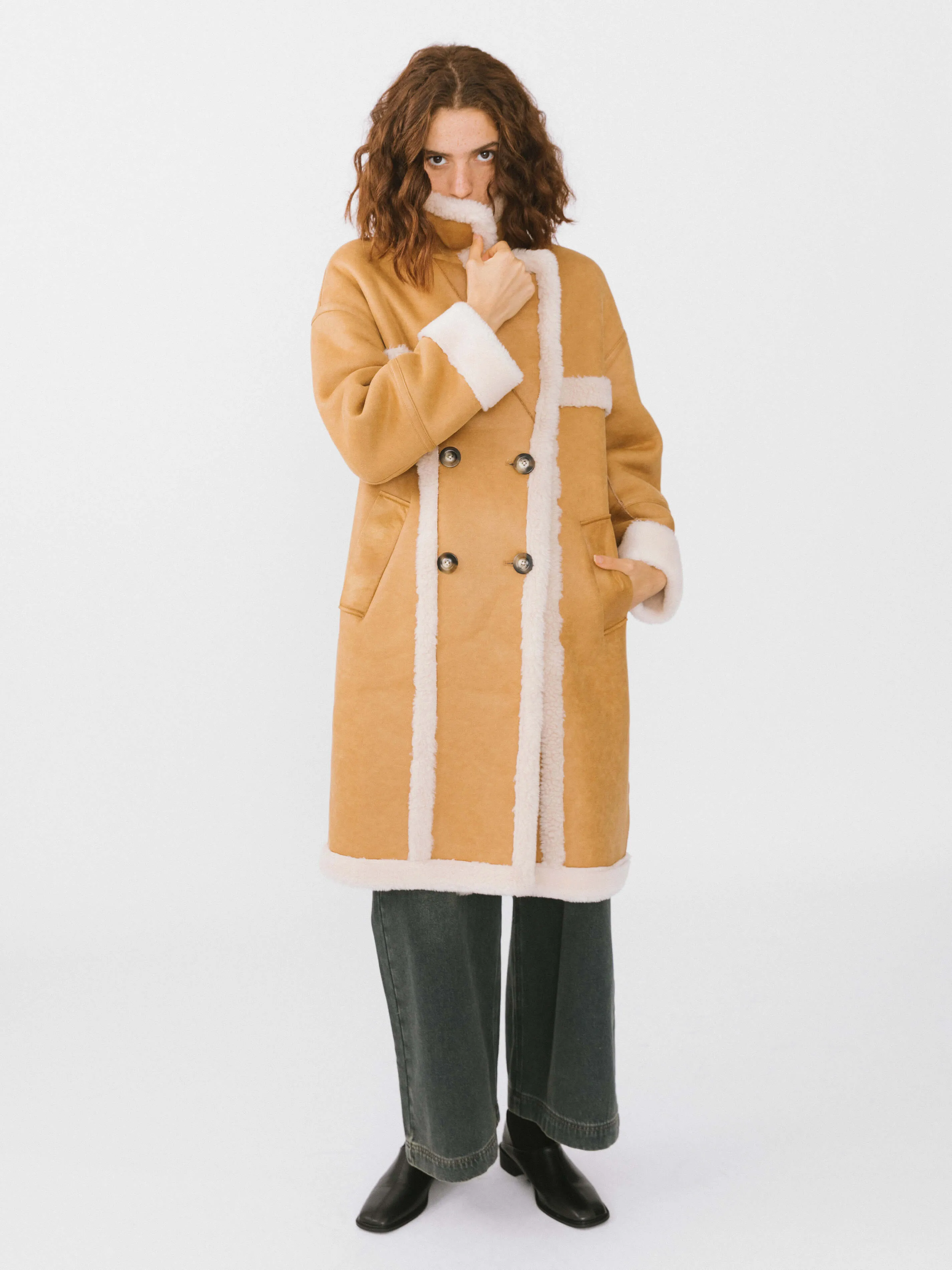 Yellow Faux Leather Sheep Wool Long Coat