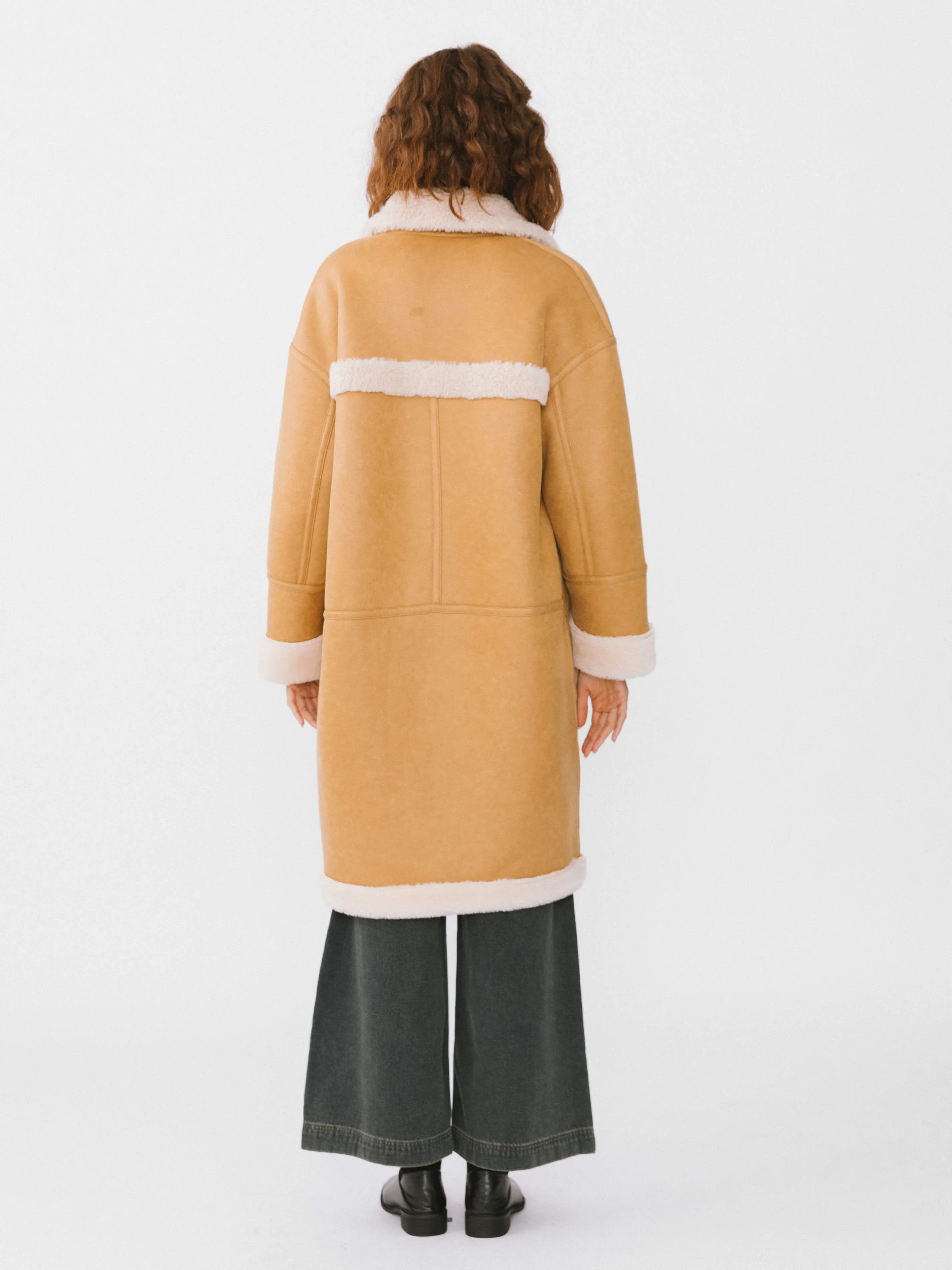 Yellow Faux Leather Sheep Wool Long Coat